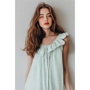 70s Polka Dot Lace Trim Chemise Size Small Brandywine Sleeveless White Blue EUC